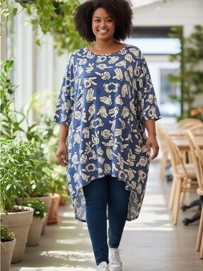 LuLaRoe Irma Tunic XL Blue Cartoon Glove Hand Print High Low Top